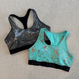 Zyia Active Sports Bra Bundle XL Metallic Silver Teal Gold Marble EUC